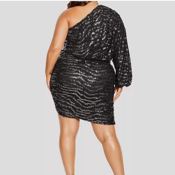 CITY CHIC SEQUIN STRIPE ONE SHOULDER LONG SLEEVE BLACK DRESS sz XXL/24W - Picture 2 of 2
